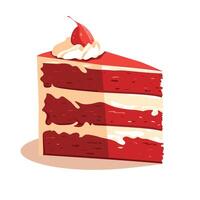 Slice of red velvet cake with cream and cherry on top displayed on a plain background vector