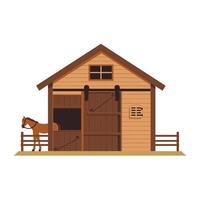 Horse stands outside a rustic barn during daylight in a serene countryside setting vector
