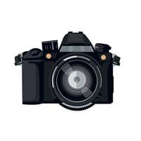 Black DSLR camera with lens positioned for capturing high-quality images in studio environment vector