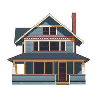 Charming two-story house with unique architectural features and front porch vector