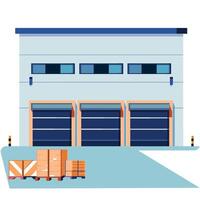 Warehouse exterior with loading docks and stacked cargo in a clear daytime setting vector