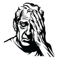 Struggling man expresses deep sadness and frustration in a black and white illustration vector