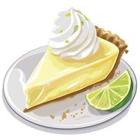 Delicious slice of key lime pie with whipped cream and lime garnish on a white plate vector
