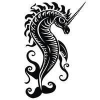 Artistic black and white unicorn seahorse design with intricate details and waves vector