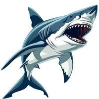 Great white shark leaps from the ocean surface near the shore in a coastal environment vector