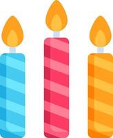 Three colorful candles with lit candles on a white background vector
