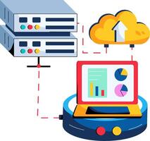 A laptop and a server are connected to each other vector