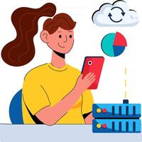 A woman is using a tablet to check her data vector