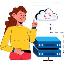 A woman pointing to a cloud server with a red arrow vector