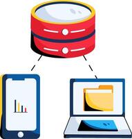 A laptop, tablet and a computer are connected to a server vector