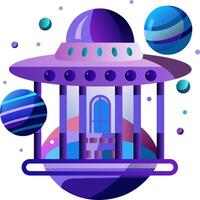 An illustration of a purple alien spaceship with planets vector