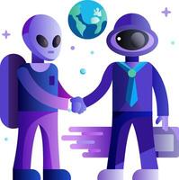 Two aliens shaking hands with a planet in the background vector