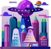An illustration of a city with a spaceship in the sky vector
