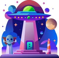 An illustration of an alien spaceship and a man standing in front of it vector