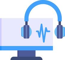 A computer with headphones and an audio wave vector