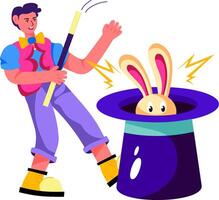 A man is holding a rabbit in a hat and a magician is standing next to it vector