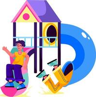 A boy is sitting on a slide and a house is in the background vector