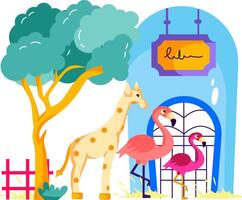 A giraffe, flamingo and a tree with a sign vector
