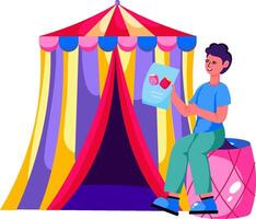 A man sitting on a stool next to a colorful tent vector