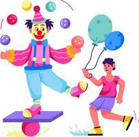 A clown is balancing on a balance beam with a boy vector