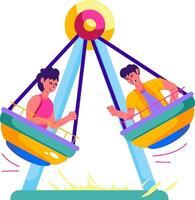 Two people riding a merry - go - round in a colorful ride vector