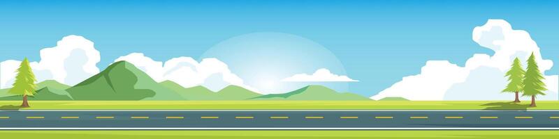 Horizontal or landscape of smooth asphalt road. On the wide grassland. There were grasses and tree of pine growing on both sides. Softe color of mountain and blue sky with white clouds. vector