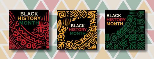 Set of black history month square backgrounds with hand drawn abstract patterns for social media post templates vector