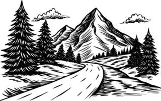 A black and white drawing of a mountain road vector