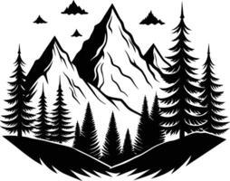 A black and white illustration of a mountain range with trees vector