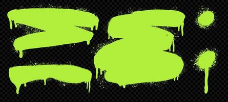 Set of acid green spray splatters and drips. ink splashes, blobs, and stains in grunge style. Includes isolated spots, circles, squares, and brush strokes. vector