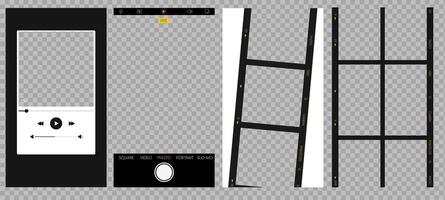 film frame and camera UI mockup with phone screen elements. Includes recording icons, photo capture buttons, grid layout, focus template, and transparent filmstrip. vector