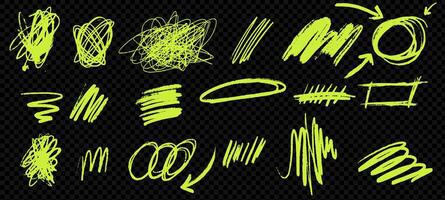 Set of acid green scribble lines and strokes. Includes arrows, swirls, and squiggly shapes drawn with pen, pencil, and marker. vector