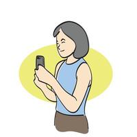 half length of woman using smartphone illustration hand drawn isolated on white background vector