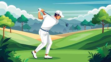 golf player on the green field with mountains in the background vector