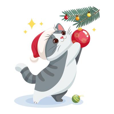 illustration of a cute cartoon grey cat in a Santa hat decorating Christmas tree with a red Christmas tree ball