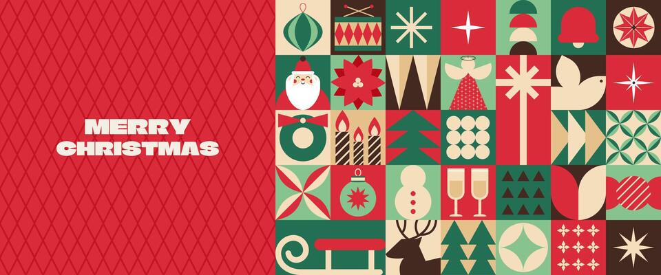 Merry Christmas Geometric Banner with Minimal Festive Holiday Shapes