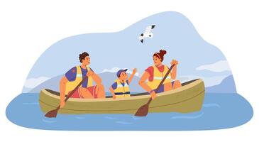 Family with a kid wearing lifejackets canoeing on the lake with foggy mountains at the background flat illustration. vector