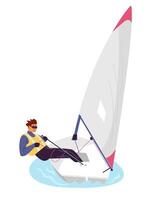 Man in lifejacket sailing on keelboat flat illustration isolated on white. vector