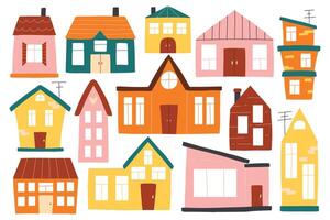 Set of houses in boho style. collection of clip arts with houses in hand-drawn style. Isolated simple houses. vector