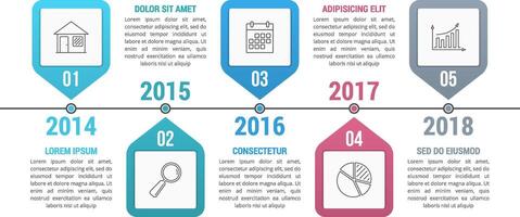 Timeline infographics template with five arrow elements vector