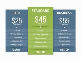 Pricing table template with three plans for websites vector