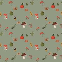 Autumn seamless pattern. Mushrooms, apples and leaves on a neutral background. Seamless pattern for gift paper, fabric, design vector