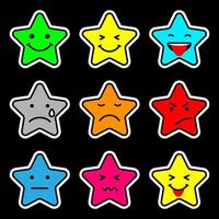 Star emoticon on pack with 9 variations of expression. Colorized concept. vector