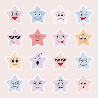 Set of cute star emoticon with 16 variations of expression. Colorized concept. vector