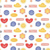 Seamless pattern with apology stickers of different shapes, heart, flower, cloud, sun, circle, ribbon. I'm so sorry. Apology pattern on white background. vector