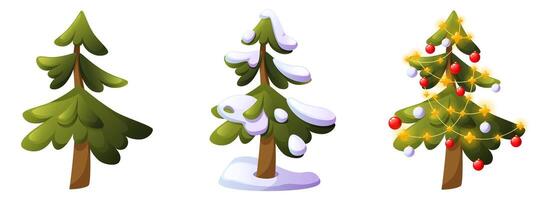 illustration of pine tree in three different situations. Green forest pine tree. Winter pine tree with snow-covered branches. Christmas pine tree decorated with balls and garland. vector
