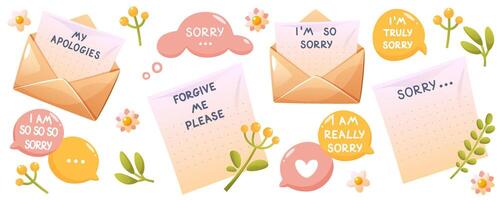set of handwritten apology letters on paper and in open envelope, apology dialogue, message. With green plants and flowers. Beautiful message sorry, regret, beg your pardon. vector
