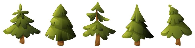 set of green cartoon pines and firs of different shapes. Forest tree, pine for landscape design. Christmas tree without decorations. Clip art for children's books and educational games. vector
