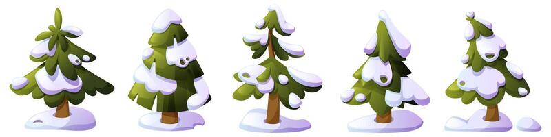set of cartoon fir trees of different shapes under snow. Snow-covered forest tree, pine tree in snowdrift, Christmas tree. Clip art for children's books and educational games. vector