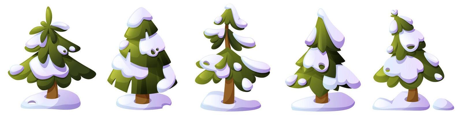 set of cartoon fir trees of different shapes under snow. Snow-covered forest tree, pine tree in snowdrift, Christmas tree. Clip art for children's books and educational games.